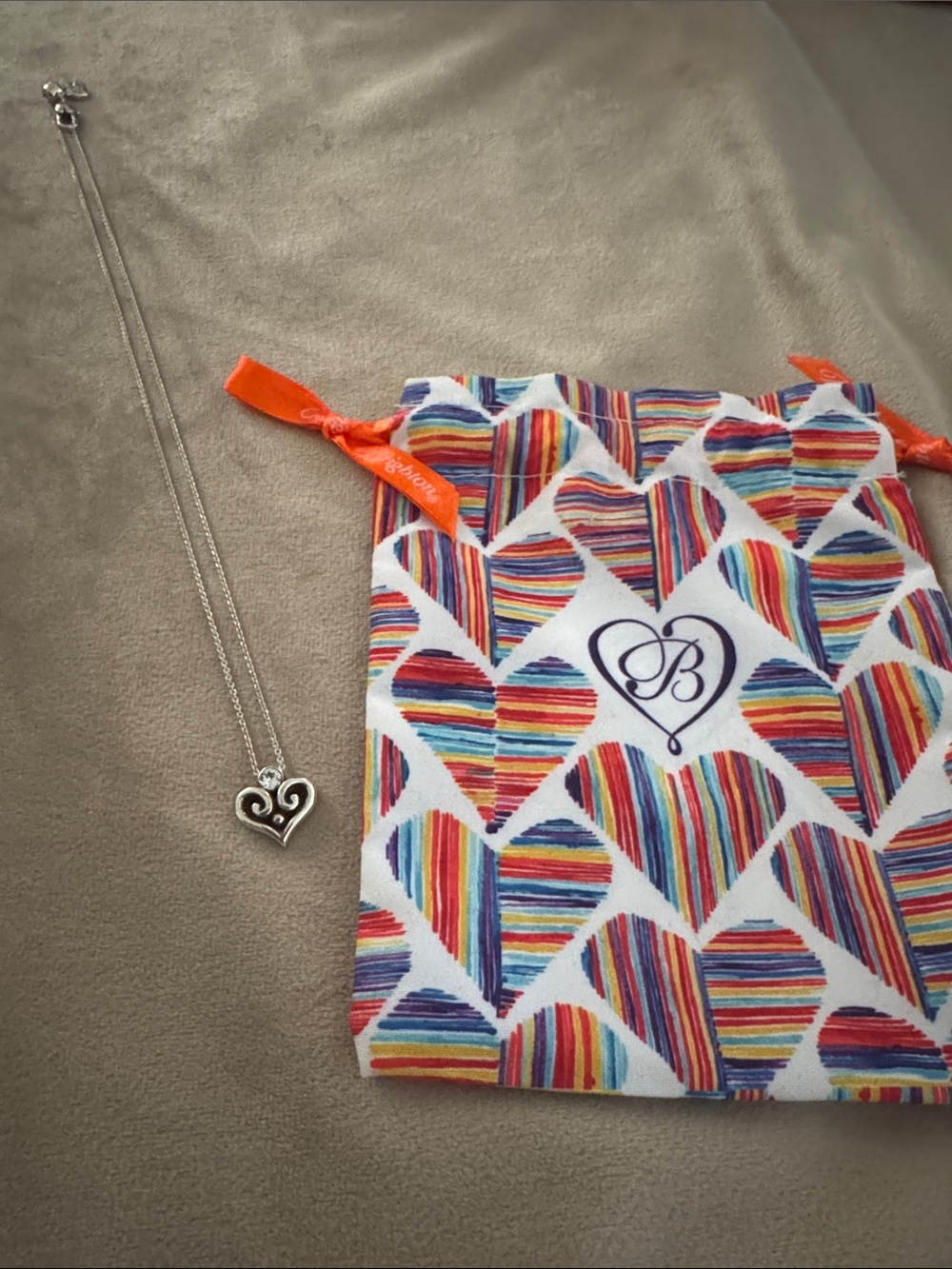 Brighton Multicolor Heart Stripe Drawstring Pouch with Silver Heart Necklace